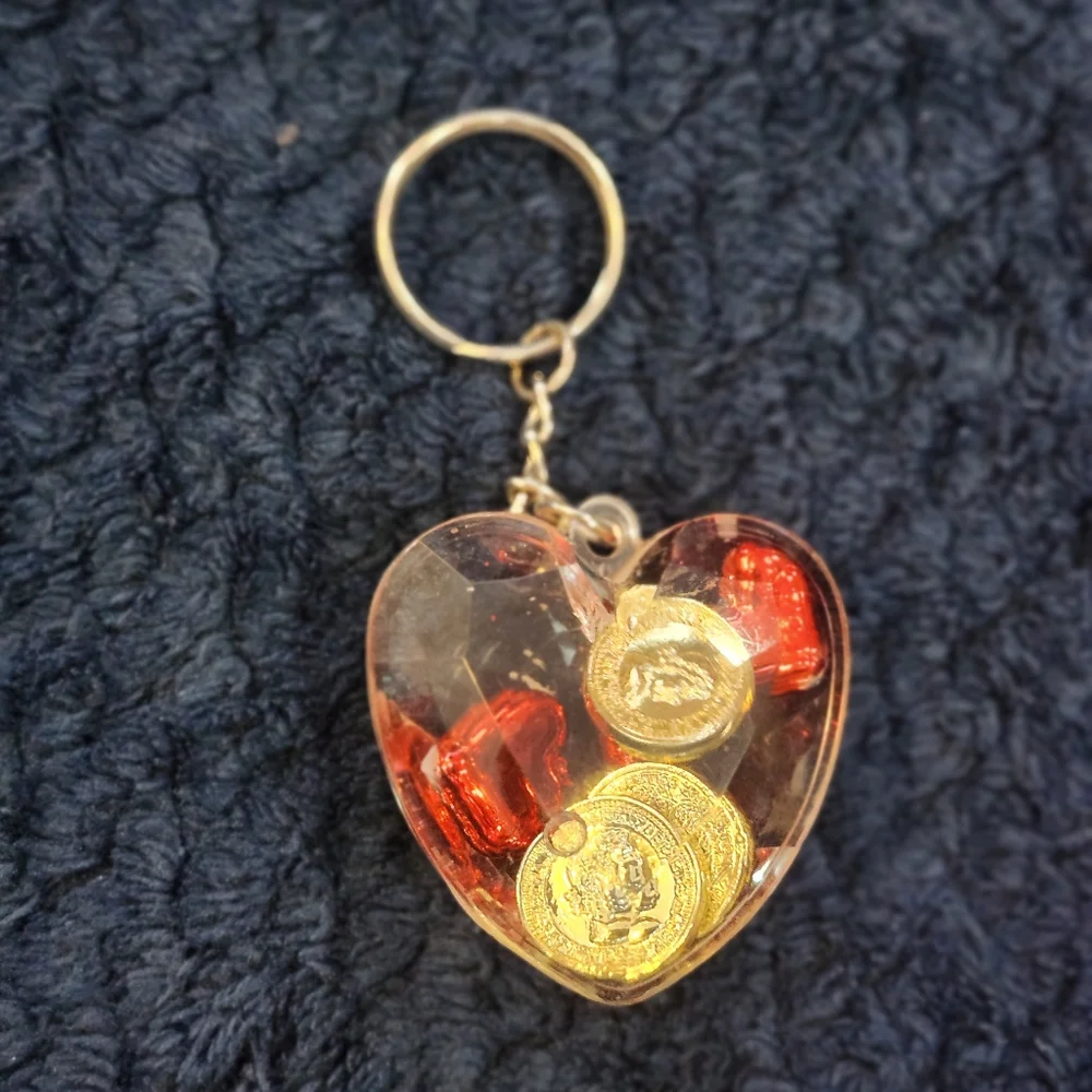 Vintage Heart Shaker Keychain with Red Hearts and Gold Coins